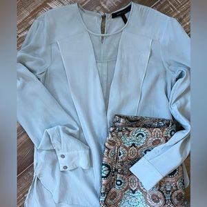 BCBG Maxazria Silk Blouse |  Deep V Cutout Panel w Mesh | Convertible Sleeves